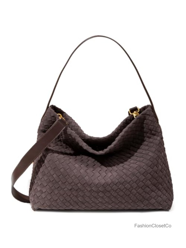 Faux Suede Woven Hobo Handbag With Gold Hardware Detachable Crossbody Strap